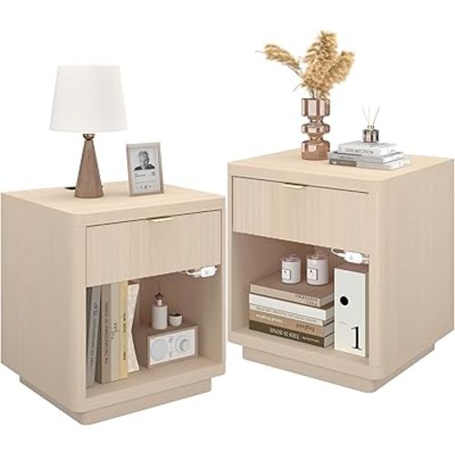 Fluted Nightstand Set of 2, Wooden Large Nightstand with Charging Station & LED Light, Mid Century Modern Bedside Tables with Drawer, 18.11" D x 22.04" W x 24" H,White Oak (White Oak)