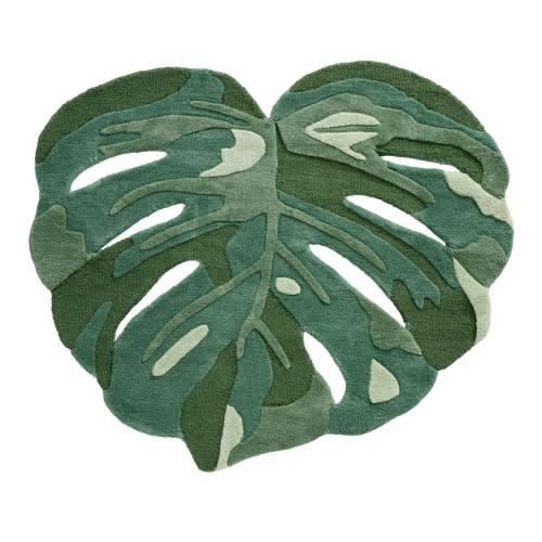 Tonal Green Monstera Leaf Shaped Tufted Wool Area Rug - World Market