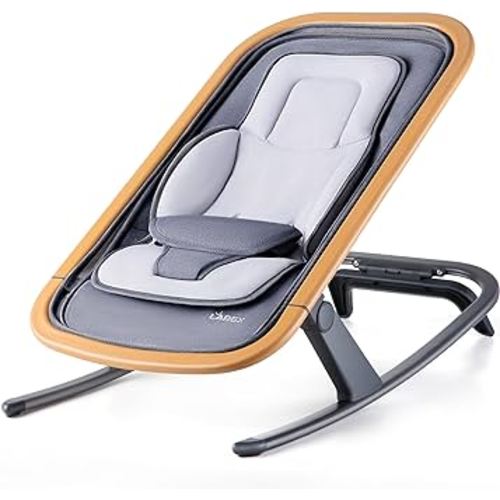 Baby Bouncer, Portable Bouncer Seat for Babies Newborn Bouncer Seat with 3-Point Harness, Ergonomic Design Baby Rocker Infants Bouncy Seat with Mesh Fabric Wood Grain