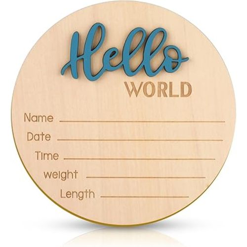 Baby Announcement Sign, 5.9 Inch Wooden Hello World Newborn Welcome Sign Birth Baby Name Plaques for Photo Props Baby Shower Hospital Nursery(Blue)
