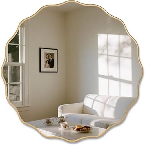 Gold Round 26" Wavy Wall Decorative Mirror Wood Farme Modern Circle Mirror for Bathroom Entryway Living Room Bedroom Hallway