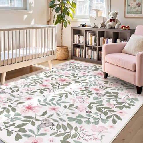 Lahome Pink Girls Nursery Rug, 5x7 Floral Baby Girls Rugs for Bedroom