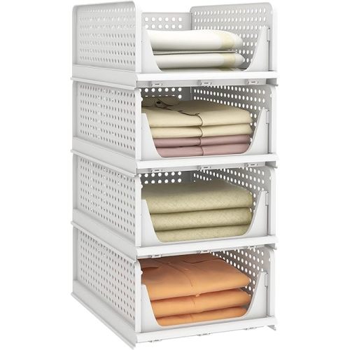 Pinkpum Stackable Plastic Storage Basket, Foldable Closet Organizers and Storage Bins 4 Pack Drawer Shelf Storage Container for Wardrobe Kitchen Bathroom Office Dorm White