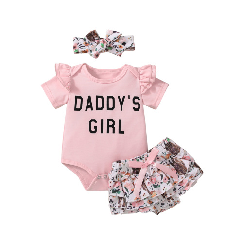 Infant Baby Girl Outfit Happy 1st Father's Day Fly Sleeve Romper Tops Floral Shorts Headband 3pcs Summer Clothes