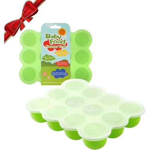 Samuelworld Baby Food Storage Container, 12 Portions x 2.5oz - BPA Free Silicone Freezer Tray with Clip-On Lid for Milk Storage, Homemade Baby Food, Vegetable & Fruit Purees - Green(For 6 Months+
