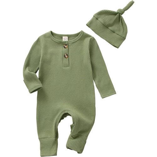 Infant Boys Girls Clothes Set Newborn Baby Romper Hat Ribbed Knit Long Sleeve Button Solid Bodysuit Jumpsuit - 6-12 Months - Green