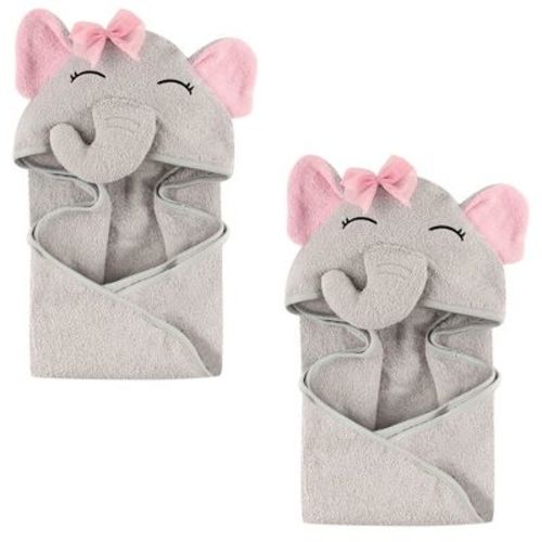 Hudson Baby Infant Girl Cotton Animal Face Hooded Towel, Pretty Elephant 2-piece, One Size
