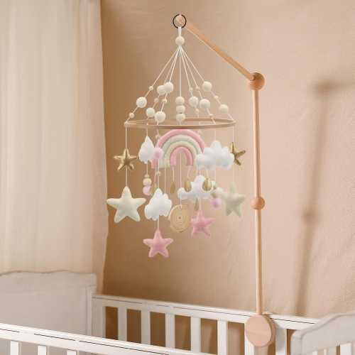 Beautiful girls pink rainbow mobile for crib with clouds, pink stars and gold detail