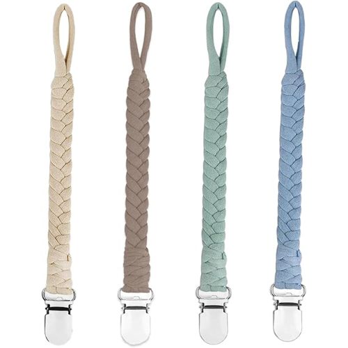 4 Pcs Pacifier Clip, Pacifier Clips for Boys & Baby Girls Pacifier Holder Clip Binky Clips Braided 100% Handmade Fits All Pacifiers(Blue, 4 Pack)