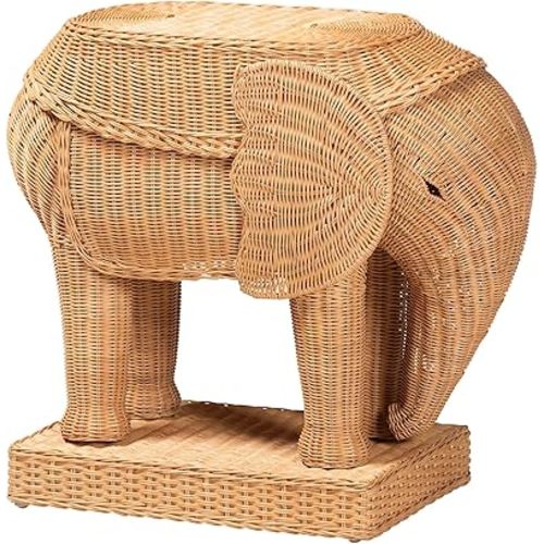 bali & pari Elissa Natural Rattan Elephant End Table, Light Honey