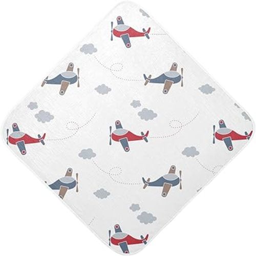 Burbuja Cartoon Airplane Baby Bath Towel - Soft Absorbent Muslin Cotton Hooded Towel for Newborn Infant Toddler, 35x35 in