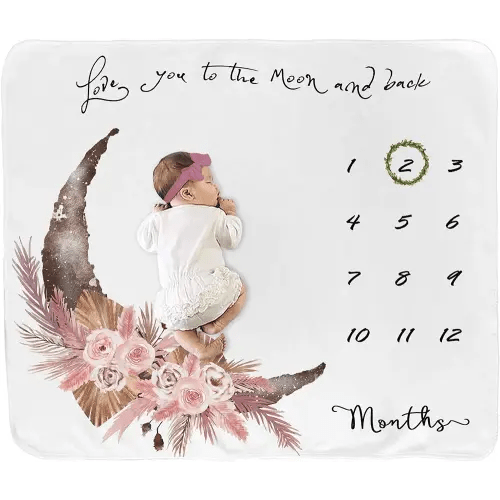 Baby Milestone Blanket for Baby Girl, Newborn Monthly Milestone Blanket, Baby Growth Chart Blanket, Boho Nursery Decor for Girls, Photo Prop Blanket with Wreath&Headband 45”x40”