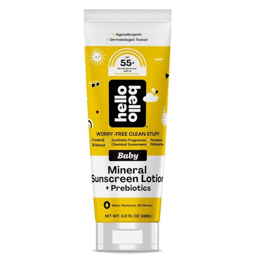 Hello Bello Mineral SPF 55+ Sunscreen Lotion with Prebiotics I Water Resistant and Reef Friendly Sun Protection for Babies and Kids I 3 fl oz (Pack of 1)