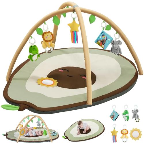 Baby Play Gym Mat & Activity Mat, Baby Tummy Time Mat, Large Avocado Shaped Playmat with 6 Detachable Toys for Motor Skills & Sensory Development, Washable Infant Baby Essentials, Olive Green