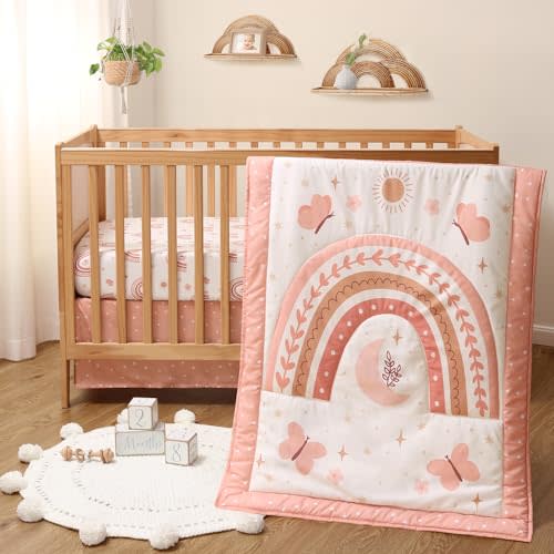 The Peanutshell 3 Piece Baby Crib Bedding Set for Girls - Newborn, Infant & Toddler Nursery Bed Set Decor with Fitted Crib Sheet, Dust Ruffle Comforter - Boho Rainbow