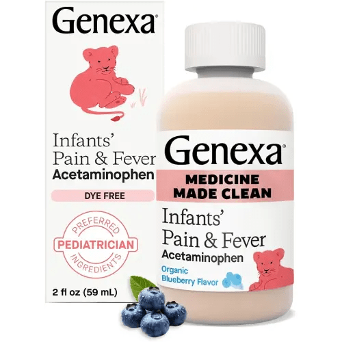 Genexa Infants' Clean Acetaminophen | Pediatrician Preferred Ingredients | Pain Reliever & Fever Reducer for Babies | Dye Free, 0% Artificial Additives | Delicious Organic Blueberry Flavor, 2 fl oz