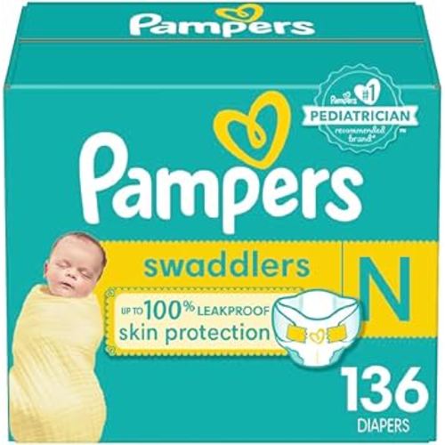 Pampers Diapers Newborn/Size 0 (< 10 lb / < 4.5 Kgs), 136 Count - Swaddlers Disposable Baby Diapers (Packaging May Vary)