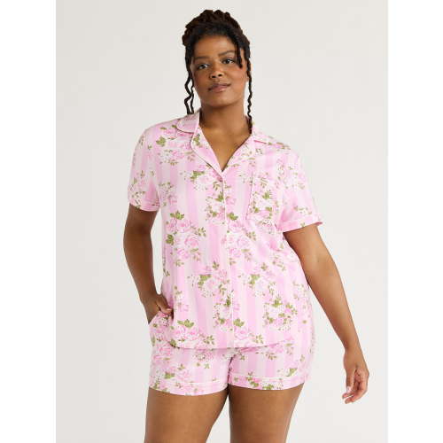 Joyspun Women’s Dreamy Soft Collection Bridal Short Sleeve Knit Notch Collar Top and Shorts Pajama Set, 2-Piece, Sizes XS-3X