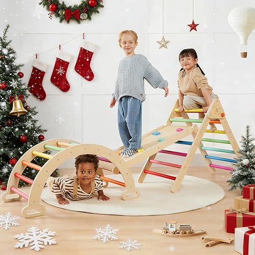 Tiny Land Pikler Triangle Set, 7-in-1 Foldable Pikler Triangle Climbing Toys Set for Kids,Baby Indoor Playground Jungle Gym, Wooden Montessori Climbing Set for Toddler (Rainbow)