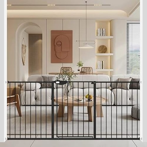 WAOWAO Triple Lock Baby Gate Extra Wide 67.32-72.04" Pressure Mounted Walk Through Swing Auto Close Safety Black Metal Dog Pet Puppy Cat for Stairs,Doorways,Kitchen