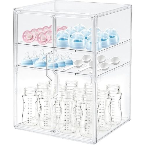 X-LARGE Baby Bottle Organizer, Upgraded Bottle Storage Organizer Baby for Countertop Cabinet, Removable Baby Organizer with Magnetic Door, Bottle Station Organizer for Nipples, Pump Parts, 2 Doors