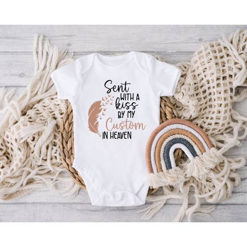 Sent With A Kiss By My Custom In Heaven Baby Bodysuit, Custom, Baby Shower Gift, Guardian Angel, Personalized Baby Bodysuit, Feather, Birds