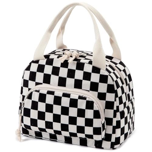 Lunch Bag Women Small Lunch Box for Women Adult | Cute Insulated Lunch Bag Small Cooler Lunch Tote Bags for Work Picnic Travel (Black-White Plaid)
