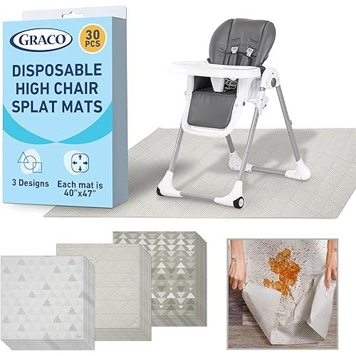 Graco Baby Disposable Splat Mats, 3 Subtle Designs 30 PACK (10 Each) 47" x 40” | Biodegradable & Compostable, Eco-Friendly Floor Protector, Under High Chair for Baby Led Weaning, Home & Restaurant Use