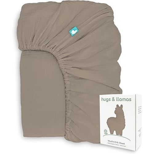 Hugs & Llamas | 100% Organic Cotton Muslin Fitted Crib Sheet | Baby Crib Sheets for Boys & Girls - Neutral (Cocoa Essence)