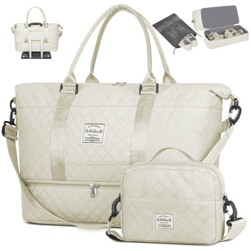 Weekender Bags for Women, Travel Duffel Bags with Shoe Compartment, Personal Item Travel Bag Weekender Overnight Bag Set Hospital Bags with Wet Pocket and Toiletry Bag for Labor and Delivery - White