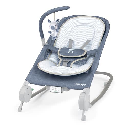 Ingenuity Gas Relief and Anti-Colic Baby Bouncer Seat and Rocker, Gentle Belly Message to Relax and Soothe Bellies, Instant Tummy Soother, 20 Songs and Melodies – Chambray Blue