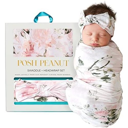 Posh Peanut Baby Swaddle Blanket & Headband - Matching Newborn Girl Swaddle Set, Use As a Receiving Blanket or Nursing Cover