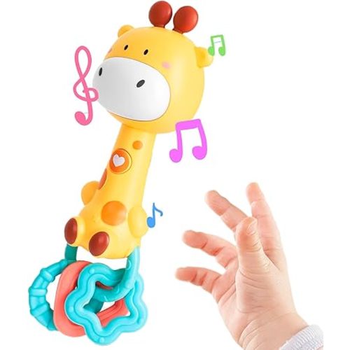Cute Giraffe Baby Musical Rattle Toy 6-12-18 Months, Light-Up Teether & Sensory Chew Rubber 1st Birthday Gift for 1+ Year Old Boys Girls (Giraffe)