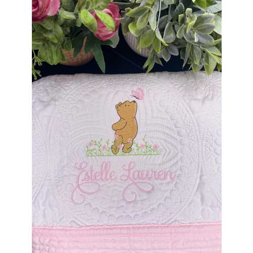 Classic Winnie The Pooh Baby Name Blanket, Personalized Embroidered Heirloom Quilt, Nursery Bedding, Pink Flowers & Butterflies