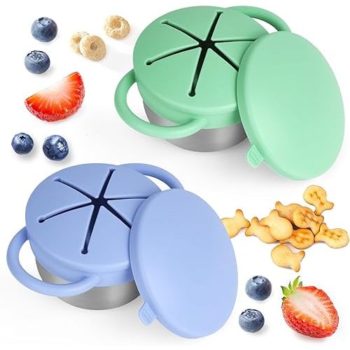 2 Pack Snack Cups for Toddlers Spill Proof - Detachable Stainless Steel Toddler Snack Cups with Silicone Lids & Handles - Dishwasher Safe Snack Container for Mess-Free Snacking(Blue-purple and Green)