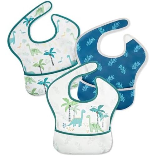 Mess Proof Baby Bib 3 Pack, Waterproof Led Weaning Baby Feeding Bibs with Food Catcher, Travel Feeding Bibs