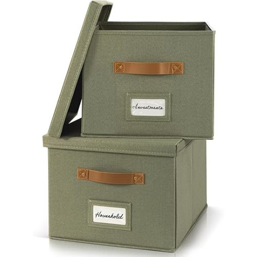 ZICOTO Decorative File Organizer Box Set of 2 - Collapsible Linen Filing Cabinets w/Handles Are Perfect to Store all Your Documents & Hanging File Folders - Portable Easy Slide Crates with Lid
