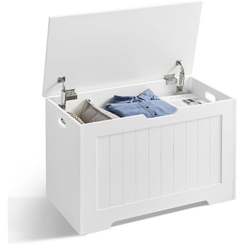 VASAGLE Storage Chest, 29.9 Inches Width Storage Bench, Entryway Bench with 2 Safety Hinges, Shoe Bench, Farmhouse Style, for Entryway, Bedroom, Living Room, Cloud White ULHS11WT