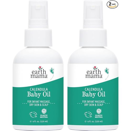Earth Mama Calendula Baby Oil | Massage Oil for Newborn Skin Care, Dry Skin & Scalp Moisturizer, Fragrance Free, 4-Fluid Ounce (2-Pack)