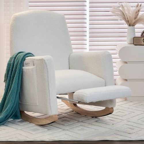 Teddy Fabric Nursery Rocking Chair, Upholstered Accent Chair With Adjustable Footrest and Pocket 4W, Ivory -ModernLuxe