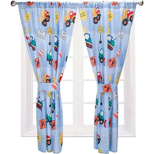 Boys Curtains for Construction Bedroom Décor for Boys Room with Bulldozers and Dump Trucks; 4-Pc Building Curtains with 2 Panels 82" x 63" Total Size and 2 Tiebacks; Classroom and Nursery Curtains