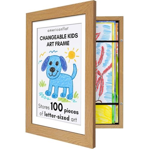 Kids Artwork Frame Changeable (Dark Oak) - Magnetic Door Holds 100 Art Pieces - 8.5x11 Letter Size Display with Mat or 10x12.5 Without Mat - My Mini Masterpiece