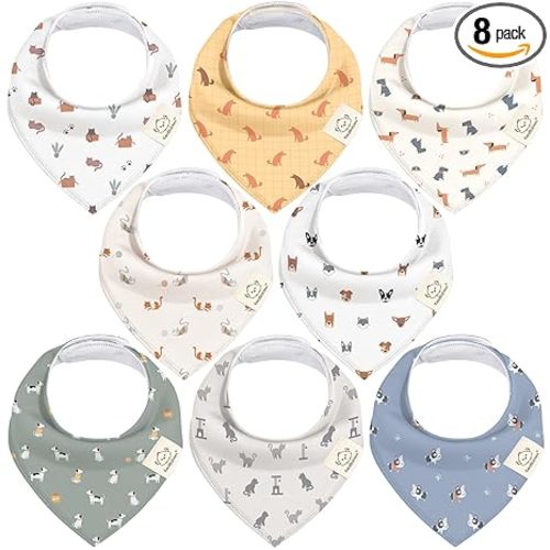 KeaBabies 8-Pack Organic Baby Bandana Bibs for Drooling and Teething - Super Absorbent Triangle Baby Drool Bibs for Boys, Girls, 100% Cotton Extra Soft for Newborn, Infant 0-36 Months (Pets & Paws)