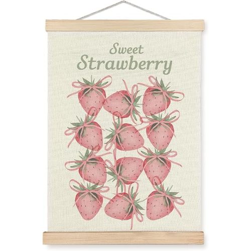 SPBL&L Coquette Strawberry Wall Art, Sweet Strawberry Poster Hanger Frame, Preppy Pink Bow Strawberries Hanging Canvas Pictures Prints Wall Decor for Girls Room Bedroom Dorm, 12x16 Inch