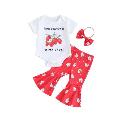 Qtinghua Newborn Baby Girl Spring Outfits Letter Strawberry Print Short Sleeve Rompers Flare Pants Headband 3Pcs Clothes Red 3-6 Months