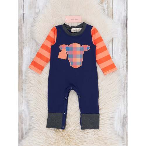 Plaid Pastures Cow Embroidered Romper