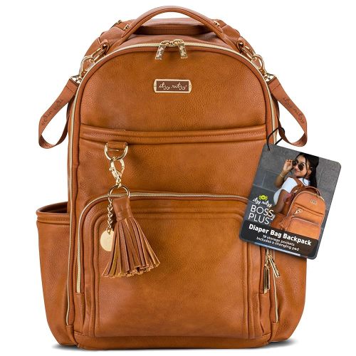 Itzy Ritzy Diaper Bag Backpack – Large Capacity Boss Plus Baby Backpack Diaper Bag Featuring 19 Pockets, Changing Pad, Stroller Clips, and Comfortable Backpack Straps, Cognac