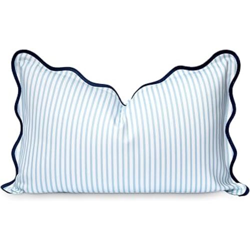 Hofdeco Premium Coastal Patio Indoor Outdoor Scalloped Lumbar Pillow Cover Only, 12"x20" Water Repellent for Backyard, Couch, Baby Blue Print Stripes