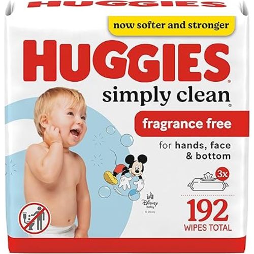 Huggies Simply Clean Unscented Baby Diaper Wipes, 3 Flip-Top Packs (192 Wipes Total), Packaging May Vary