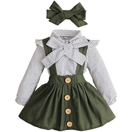 YOUNGER TREE Toddler Girl Outfits 1-4 T Long Sleeve Shirt Overall Skirt Headband Set School Uniform Dress